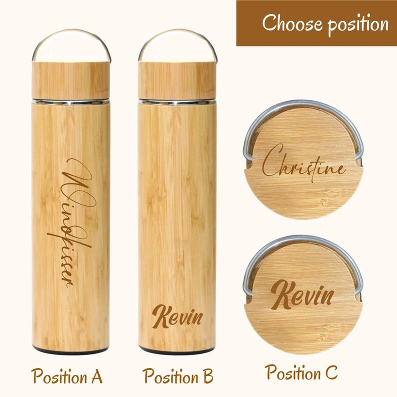 UPFLICK Personalized Custom Name Bamboo Thermos Water Bottle